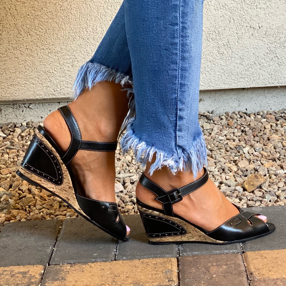 Black Leather Peep Toe Cork Kitten Wedge Sandal - Picture 3 of 7